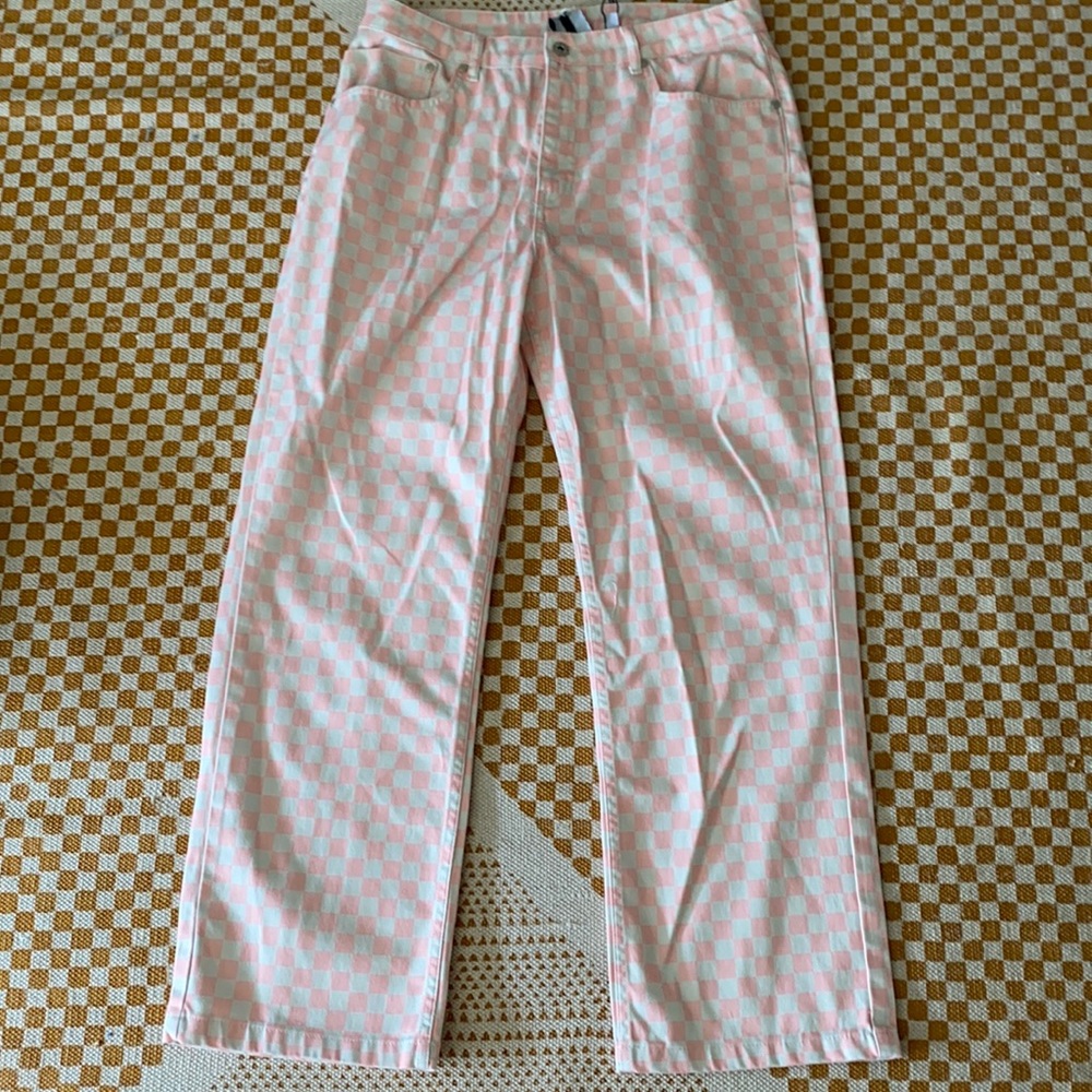 Pink/cream checkered jeans